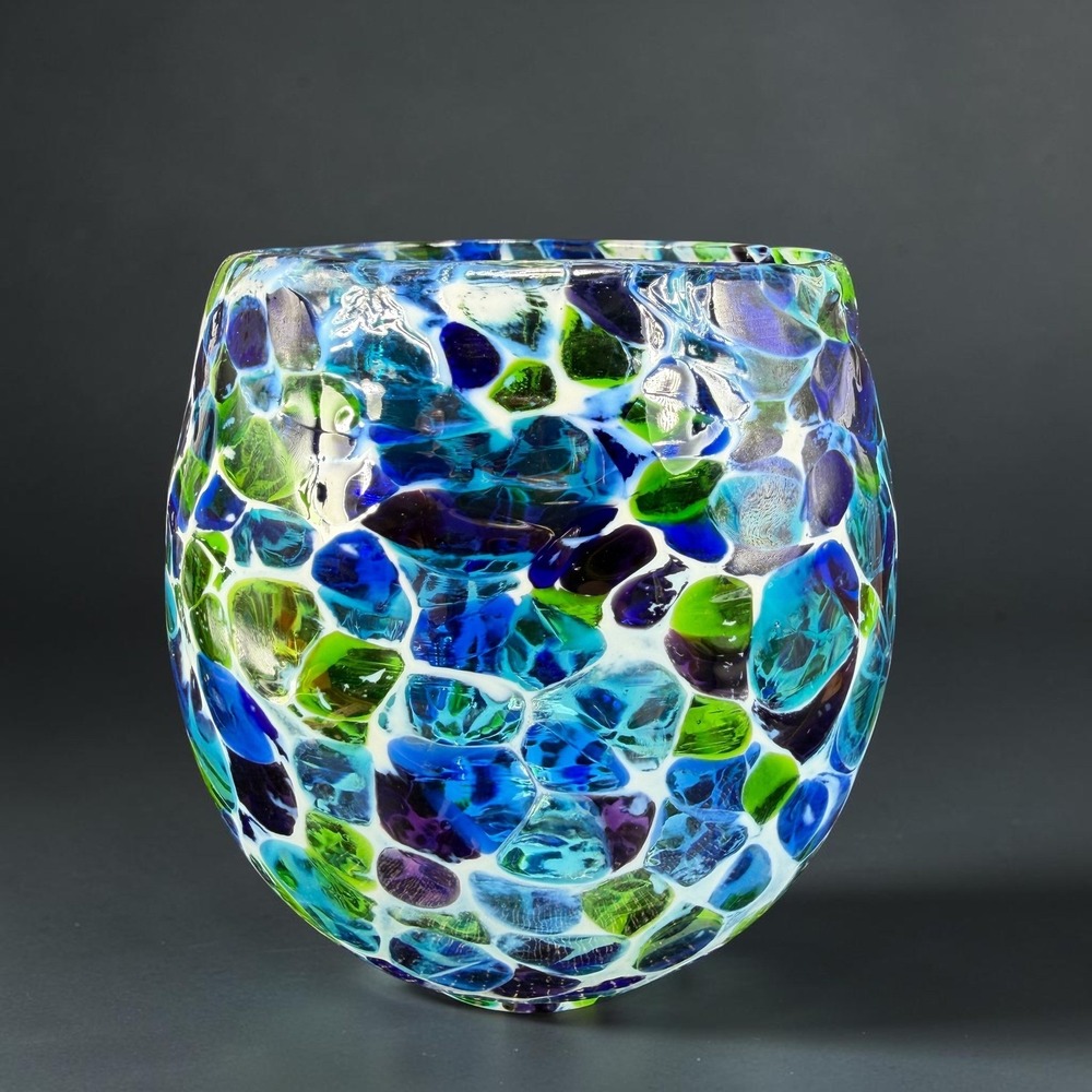 Hand Blown USA Glass Votive Holder Blue Green Purple Confetti Mosaic Cup Glass